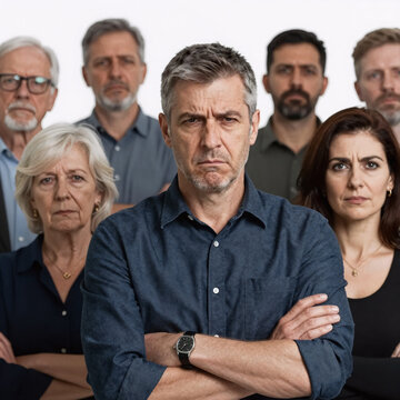 Expressionist Collage Uncertainty. Middle-Aged And Senior People, Skeptical Expressions With Crossed Arms On Collage Against Isolated Background