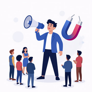 Neon Glow Megaphone Leader. Influencer Marketing Scene Featuring Tiny People With Megaphones And Magnets In A Modern Flat Cartoon Style Illustration, Influencing Audiences On White Background