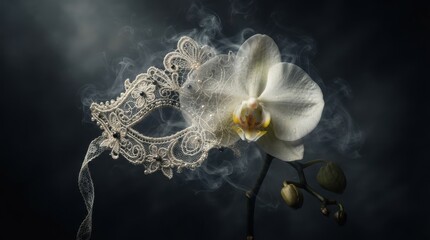 Obraz premium Lace masquerade mask with white orchid flower in smoke