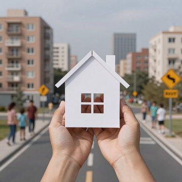Impressionist Insurance Agent. Concept Illustration Depicts A Family Protecting Their Foster Home, Emphasizing Housing Costs And Budget Concerns