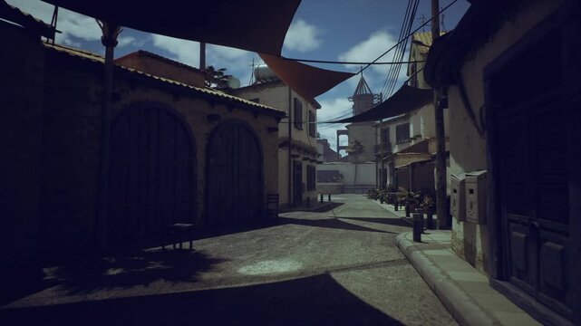 moody mediterranean alley with dramatic shadows, narrow sunlit lane lined stucco buildings, fabric shade sails overhead casting geometric shadows