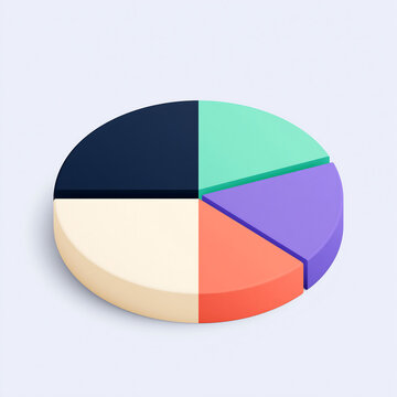 3d isometric pie chart with five colorful segments on a light blue surface