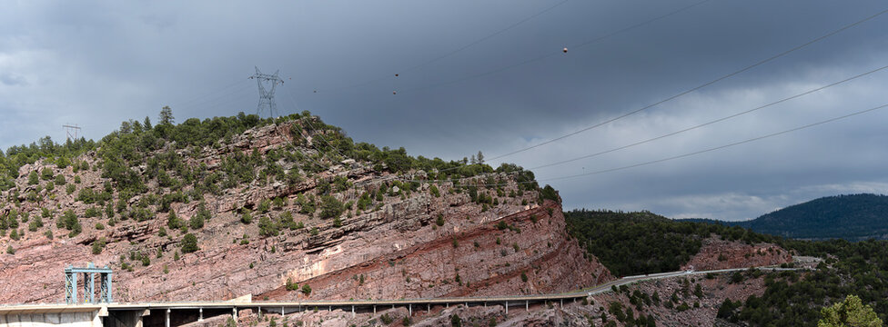 View of road cutting across formation by Flaming Gorge Dam