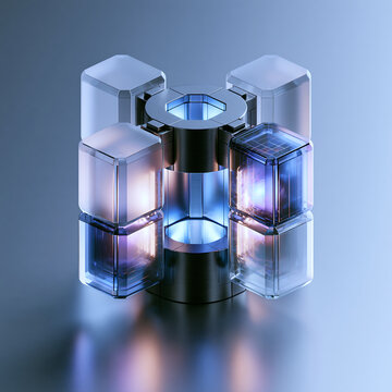 Futuristic modular cube structure with glowing blue light and metallic brushed steel components
