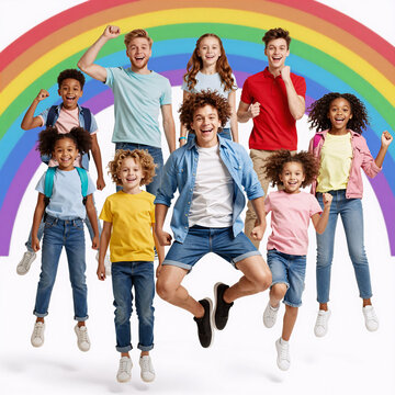 Children'S Book Collage Attractive. A Collage Of Diverse, Happy Millennials Flying Over A Rainbow Against A Summer Sale Background