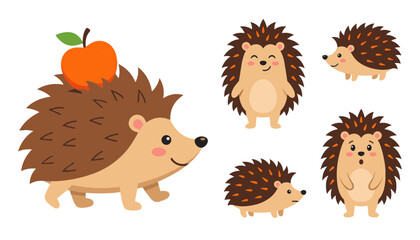 Obraz premium Cute Cartoon Hedgehog Character Set with Little Hedgehogs Standing Walking and Carrying an Apple for Woodland Nursery Decor and Kids Sticker Graphics