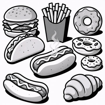 Monochrome Hotdog Aliment. A Doodle Illustration Showcases Isolated Icons Of High-Calorie Fast Food Junk Food, Including A Hamburger, Taco, French Fries, Donut, Pizza, Hotdog, And Croissant