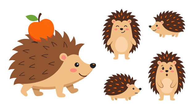Cute Cartoon Hedgehog Character Set with Little Hedgehogs Standing Walking and Carrying an Apple for Woodland Nursery Decor and Kids Sticker Graphics