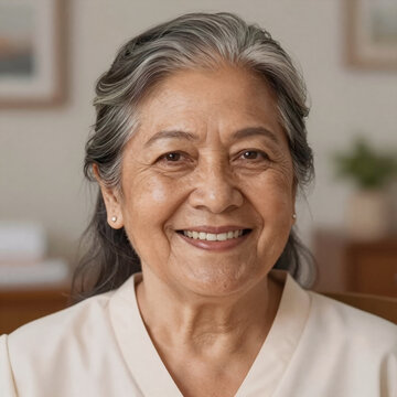 Storybook Illustration Latin Emotion. A Smiling Portrait Of A Content Senior Latin/Mexican Woman In A Nursing Home