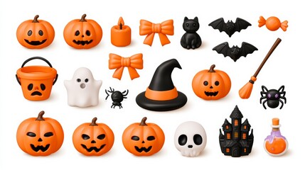 Fototapeta premium Halloween sticker collection with pumpkins, carved jack o lanterns, witches, bats and spooky symbols, playful spooky themes, Halloween celebration, autumn holiday.