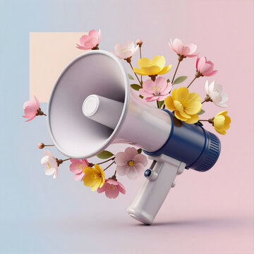 Environment Concept Megaphone Grey. Contemporary Art Collage Featuring A Retro-Style Megaphone With Spring Flowers On Pastel Background