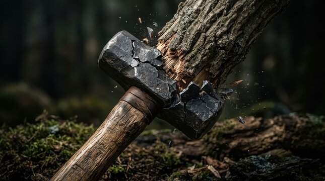 Old metal sledgehammer hitting a tree trunk