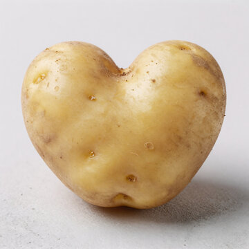 Pop Art Potato Nutritional. Concept: Close-Up Of An Abnormal Heart-Shaped Potato On A White Concrete Background, Emphasizing The Love For Organic And Homegrown Ugly Vegetables