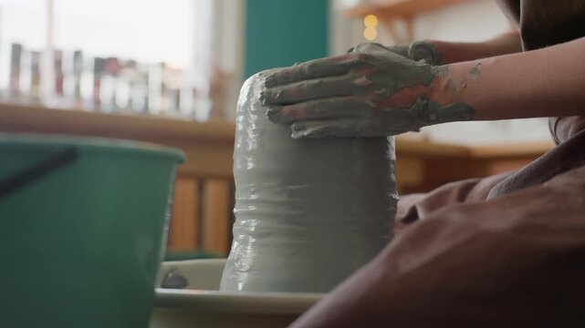 Hands smoothing clay on wheel, potter refining cylinder in sunlit workshop, even pressure and steady rhythm, wet slip and green bucket, warm window light, close crop on hands and form