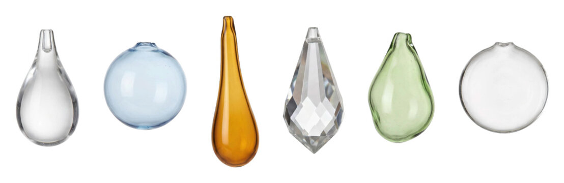 Six decorative glass and crystal teardrop pendants in an elegant assortment of transparent colors including blue, amber, and green, showcasing different shapes and textures