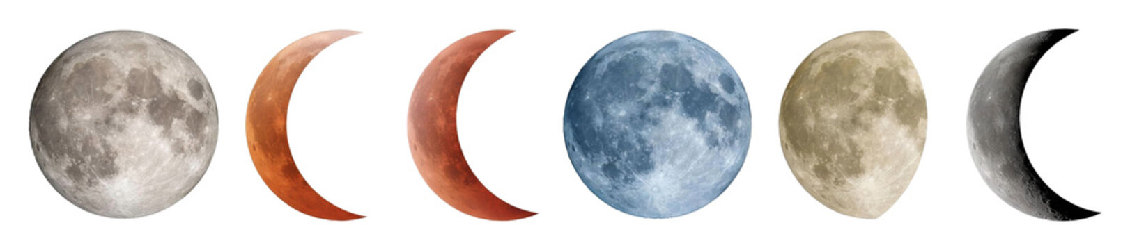 Collection of six colorful moons showing different lunar phases including a full moon, blue moon, red blood moon eclipse, and a crescent moon with detailed craters