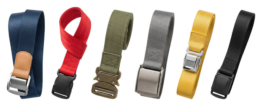 Six colorful fabric webbing belts with different buckles including tactical, plastic, and airplane-style clasps are neatly arranged in a row, showcasing a variety of casual accessories
