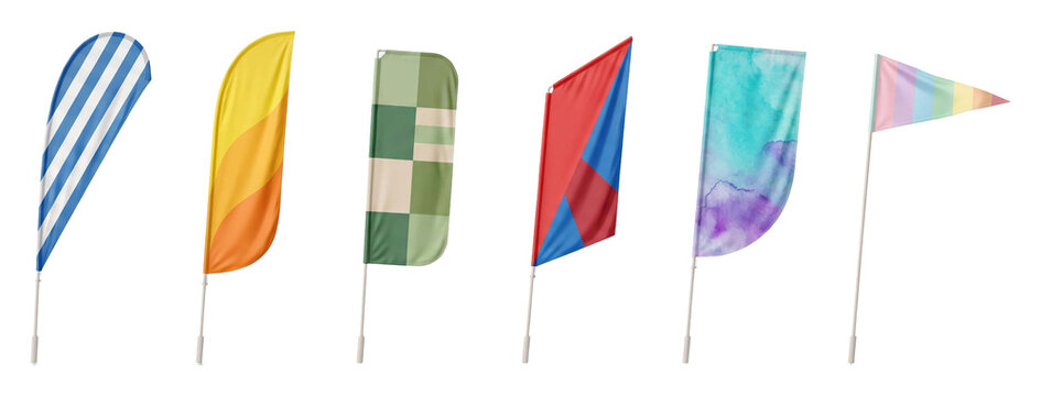 Six diverse promotional flags with various shapes and vibrant patterns, including teardrop, feather, rectangle, angled, and pennant styles with distinct designs