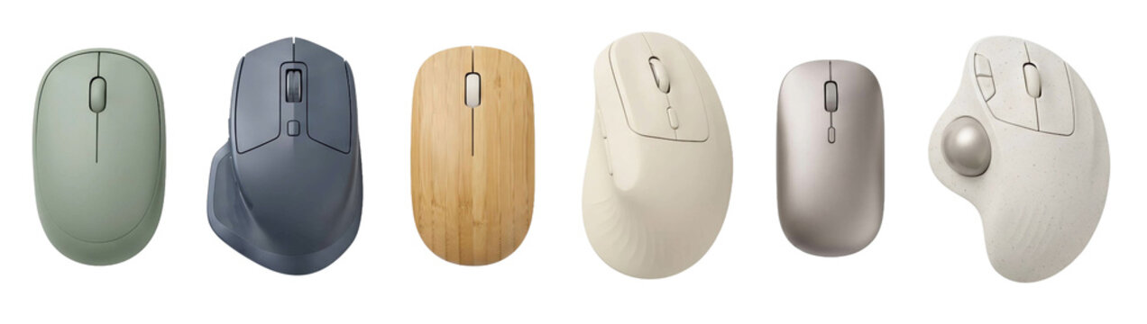 Collection of various modern computer mice in different styles, including ergonomic, vertical, trackball, and bamboo designs, showcases a diverse range of peripheral devices