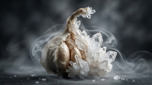 Garlic bulb with crystalline mineral growth and swirling smoke