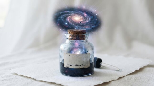 Glass bottle with galaxy liquid and cosmic energy