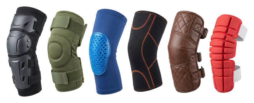 Collection of various protective knee pads in different styles and materials, showcasing an assortment of tactical, sport, and motorcycle gear for safety and joint protection