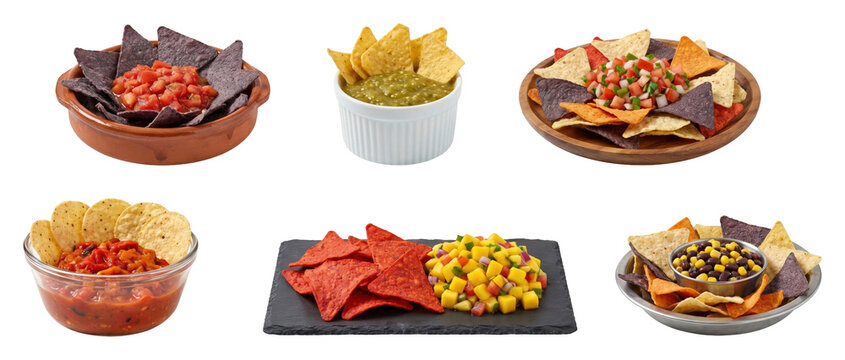 Collection of colorful tortilla chips and various fresh salsas served in different bowls, showcasing a delicious appetizer assortment for a party or gathering