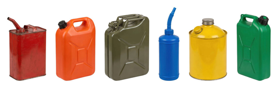 Collection of various colorful fuel containers including metal jerrycans and plastic canisters for gasoline and oil are arranged in a horizontal row for comparison