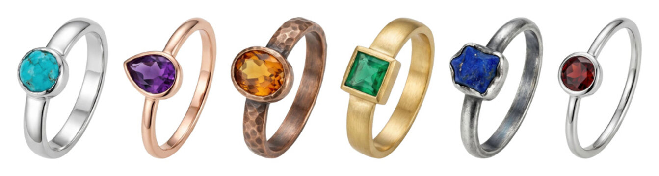 Diverse collection of six gemstone rings featuring various metals like gold, silver, and copper, with stones including turquoise, amethyst, emerald, lapis, citrine, and garnet