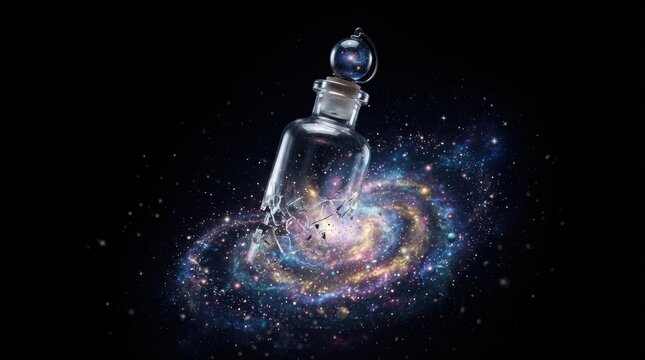 Broken glass bottle containing a swirling nebula galaxy