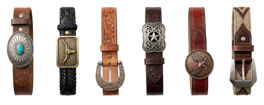 Six different western-style leather and fabric belts are arranged in a row, displaying a variety of ornate metal buckles with turquoise, star, bull, and eagle motifs