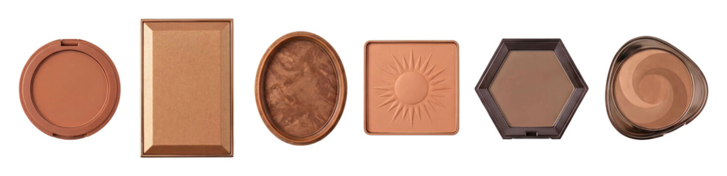 Diverse collection of makeup bronzer palettes in various shapes and shades for face contouring, featuring matte, shimmer, and embossed textures in a neat horizontal row