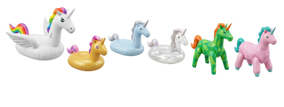 Collection of colorful inflatable unicorn toys including a large pegasus float, swim rings, and a drink holder for summer pool parties, rendered in a playful 3D style
