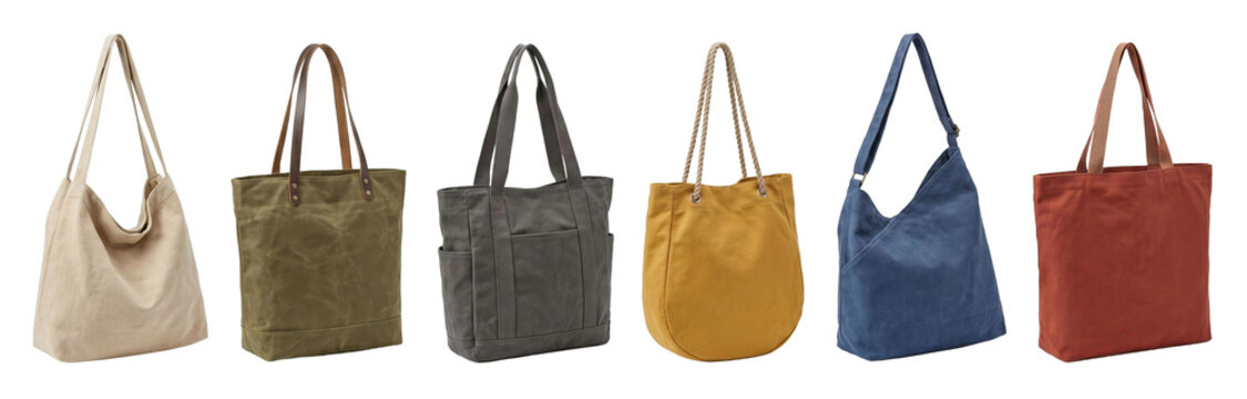 Collection of six colorful canvas tote bags in various styles and materials, including waxed canvas with leather handles and a shopper with rope straps, arranged in a neat row