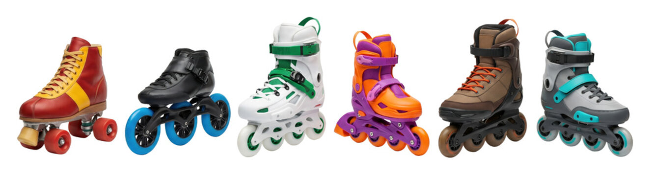 Collection of six different colorful roller skates and inline skates in a row, showcasing various styles from retro quad to modern three-wheel designs for sport and recreation