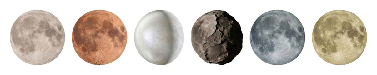 Fototapeta premium Collection of diverse planets, moons, and asteroids arranged in a horizontal line, showcasing a variety of colors, craters, and unique surface textures from outer space