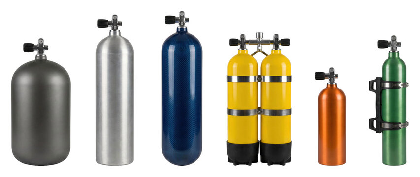 Collection of colorful scuba diving tanks of various sizes and materials, including aluminum, carbon fiber, and a yellow twinset, are arranged in a neat row for comparison