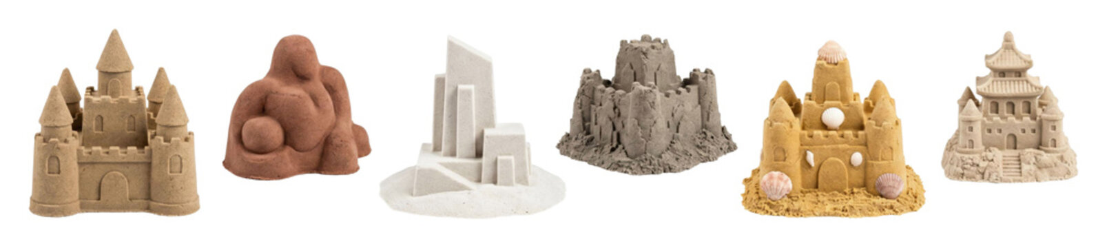 Diverse collection of detailed sand sculptures featuring various architectural styles, from classic castles to modern and abstract forms, showcasing creative sand art and craftsmanship
