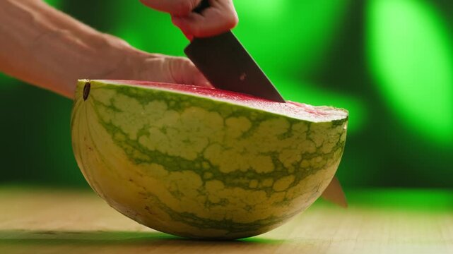 Man cutting watermelon - cut piece with knife. Young watermelons Citrullus lanatus. Topic - melons and gourds, farmer cultivation of watermelons