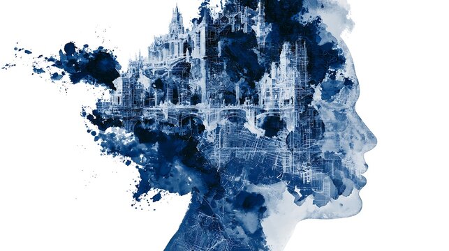Prompt: A stunning structural mindscape. A clean white profile head silhouette is filled with an intricate cyanotype blueprint city layout, heavily smudged and bleeding with dark indigo watercolor 