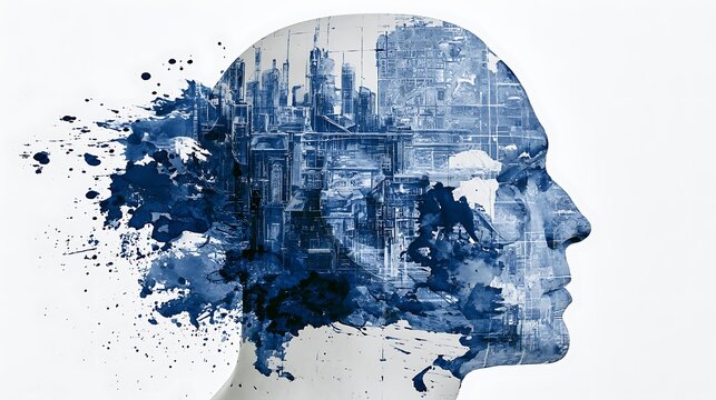 Prompt: A stunning structural mindscape. A clean white profile head silhouette is filled with an intricate cyanotype blueprint city layout, heavily smudged and bleeding with dark indigo watercolor 