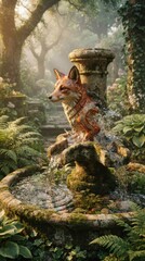Naklejka premium Fox sculpture water fountain in lush forest garden