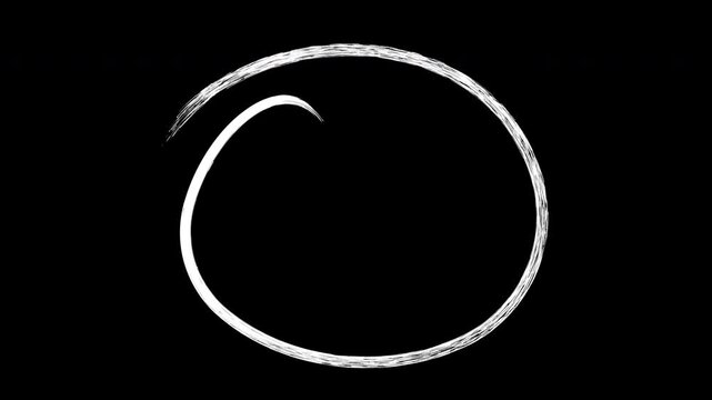 Hand-drawn white chalk circle animation on black background, minimalist scribble loop for overlay brush