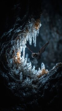 Bat flying inside a crystal cavern