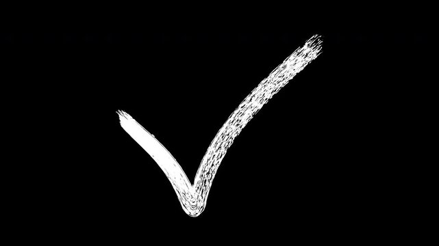 Hand-drawn white checkmark animation on black background, minimalist style tick symbol for ui motion alpha channel