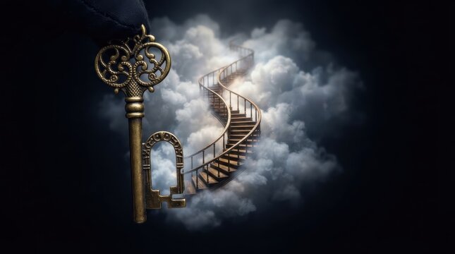 Vintage key opening a portal to a cloud stairway
