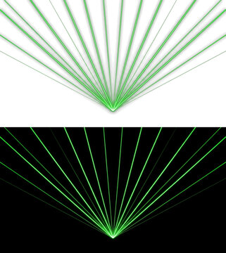 Abstract Green Laser Beam Light Effect Radiating From A Center Point On Both White And Black Backgrounds
