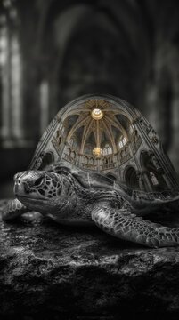 Surreal sea turtle with cathedral architecture on shell
