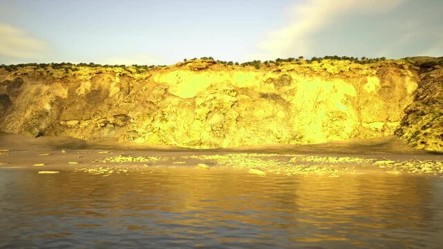 sunlit cliff face towering above reflective ocean, crisp midday light emphasizing rugged textures and shadow lines, wide shoreline with scattered stones