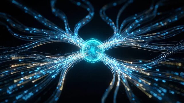 Neural network abstract 3d data nodes glowing sphere with connected lines and nodes glowing in dynamic digital connection flow